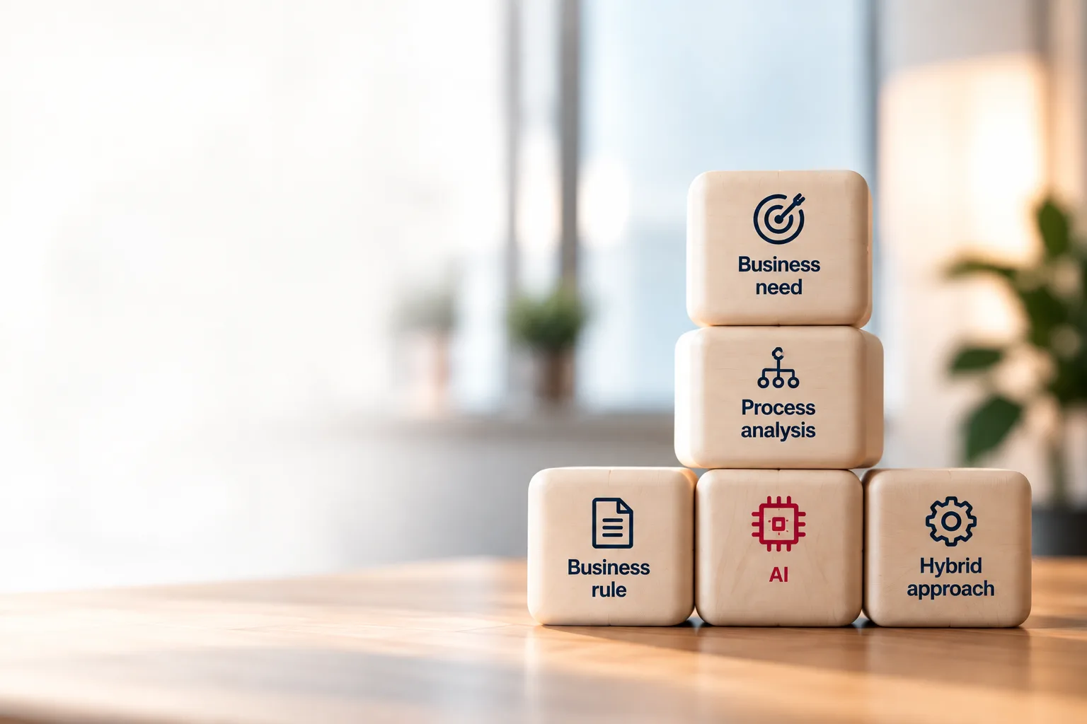 Stacked wooden cubes: business need, process analysis, business rule, AI and hybrid approach
