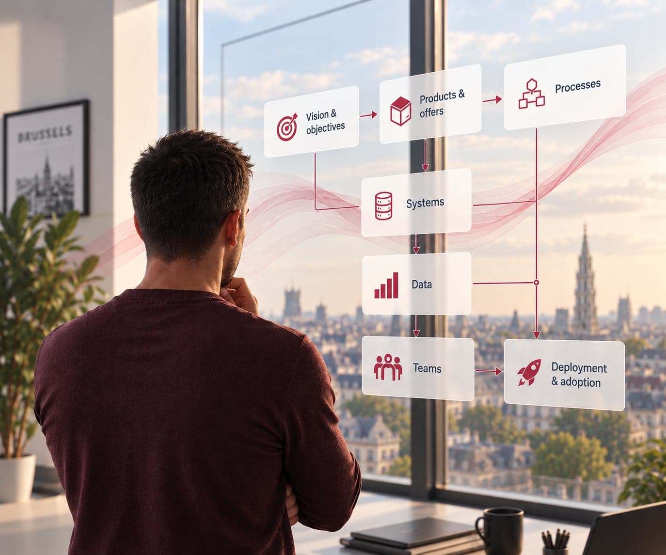 Mathieu in front of a glass wall showing a transformation unfolding: vision and objectives, then products and offers, then processes; below them the systems, the data and the teams; everything converging on rollout and adoption.